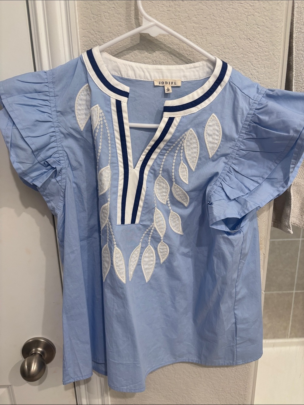 JODIFL Light Blue Embroidered Flutter-Sleeve Blouse